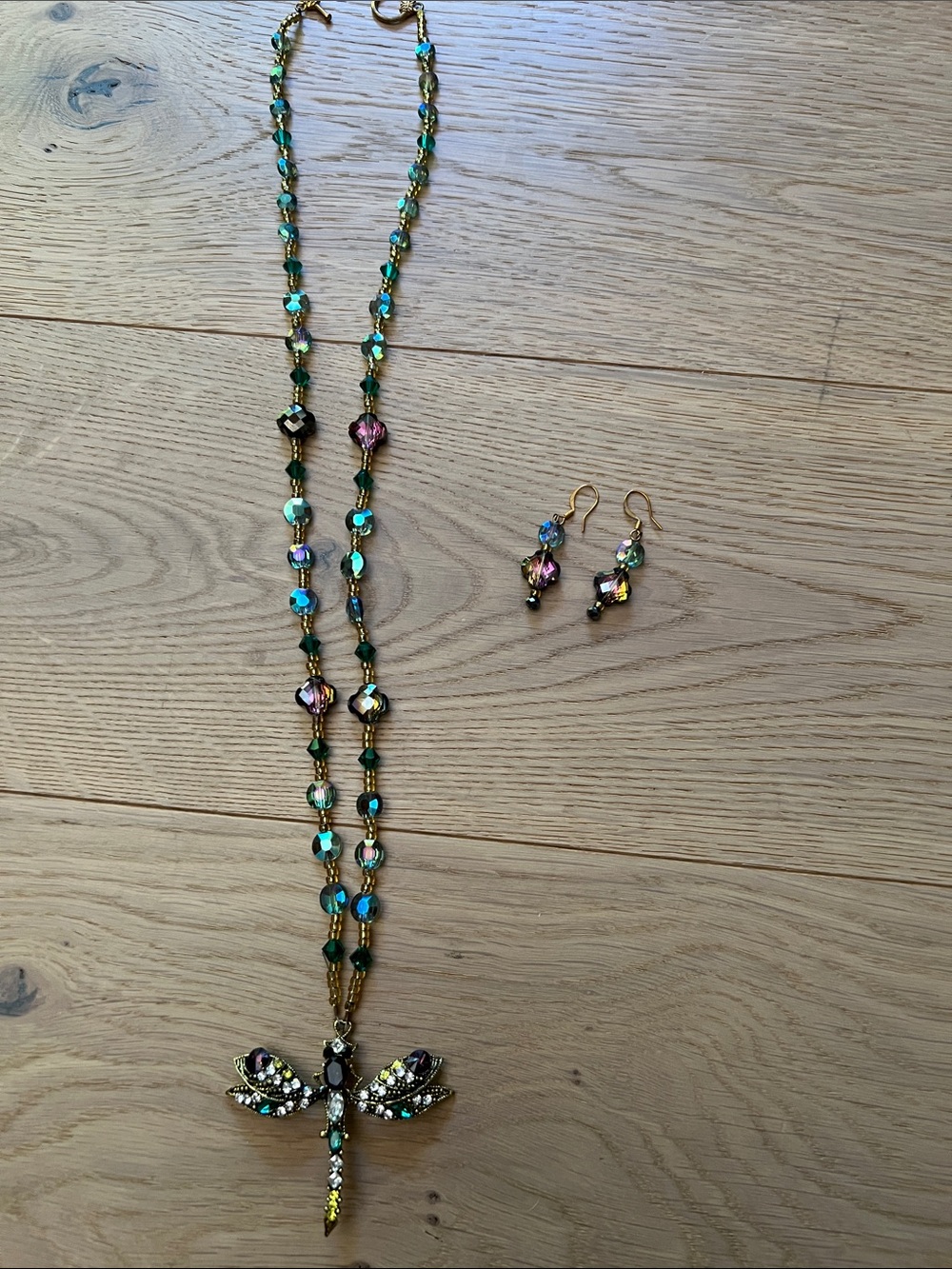 Iridescent Crystal Dragonfly Necklace & Earring Set - Blue Green Purple